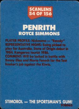 1989 Scanlens #54 Royce Simmons Back